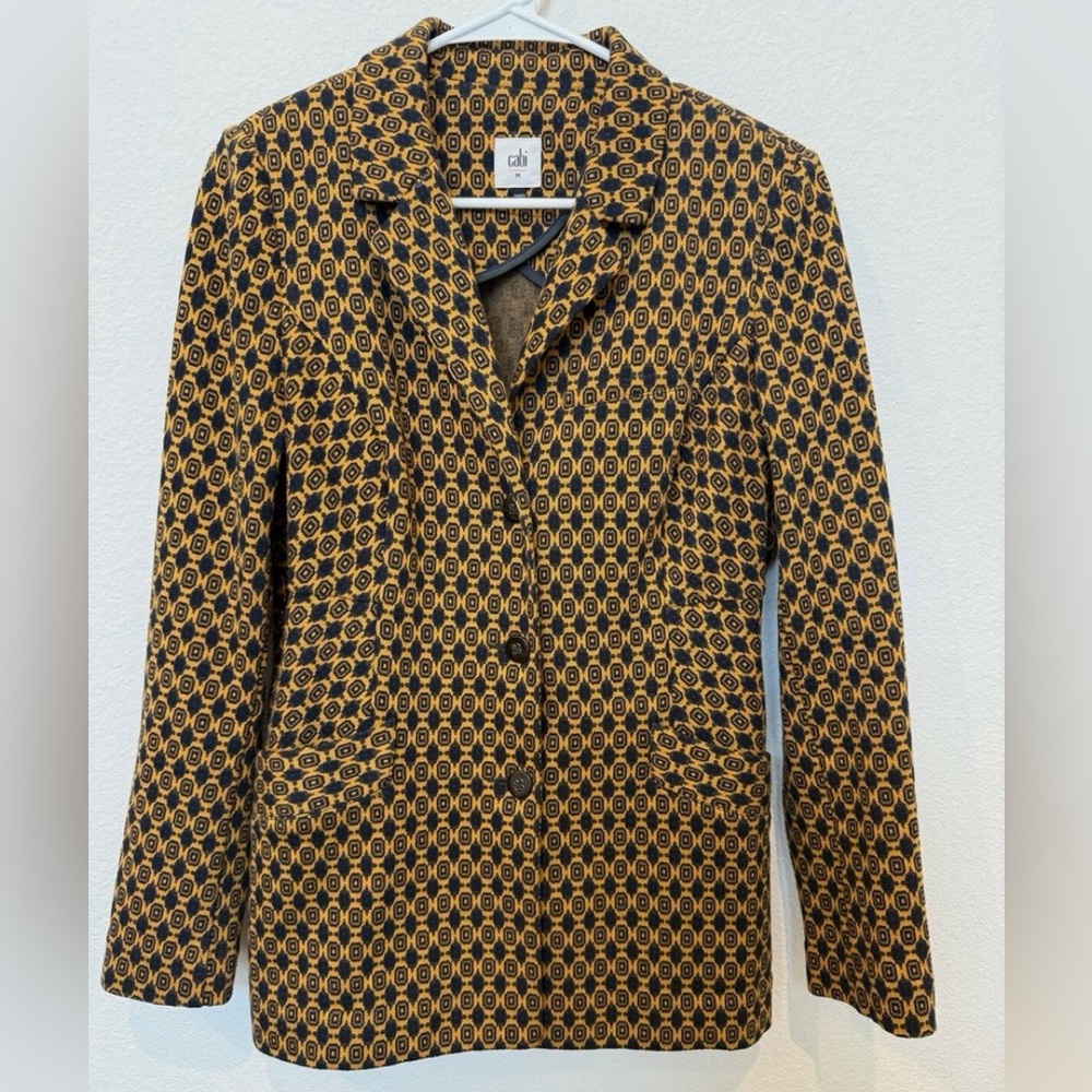 Cabi Womens Mustard Navy Medallion Stretch Knit Standout Jacket Blazer
